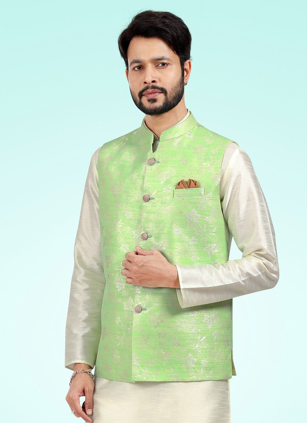 Fancy Work Banarasi Jacquard Cream, Green Kurta Payjama With Jacket - M4593