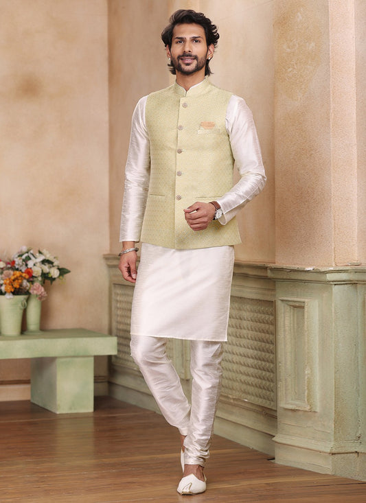 Embroidered Banarasi Jacquard Cream, Green Kurta Payjama With Jacket - M5237