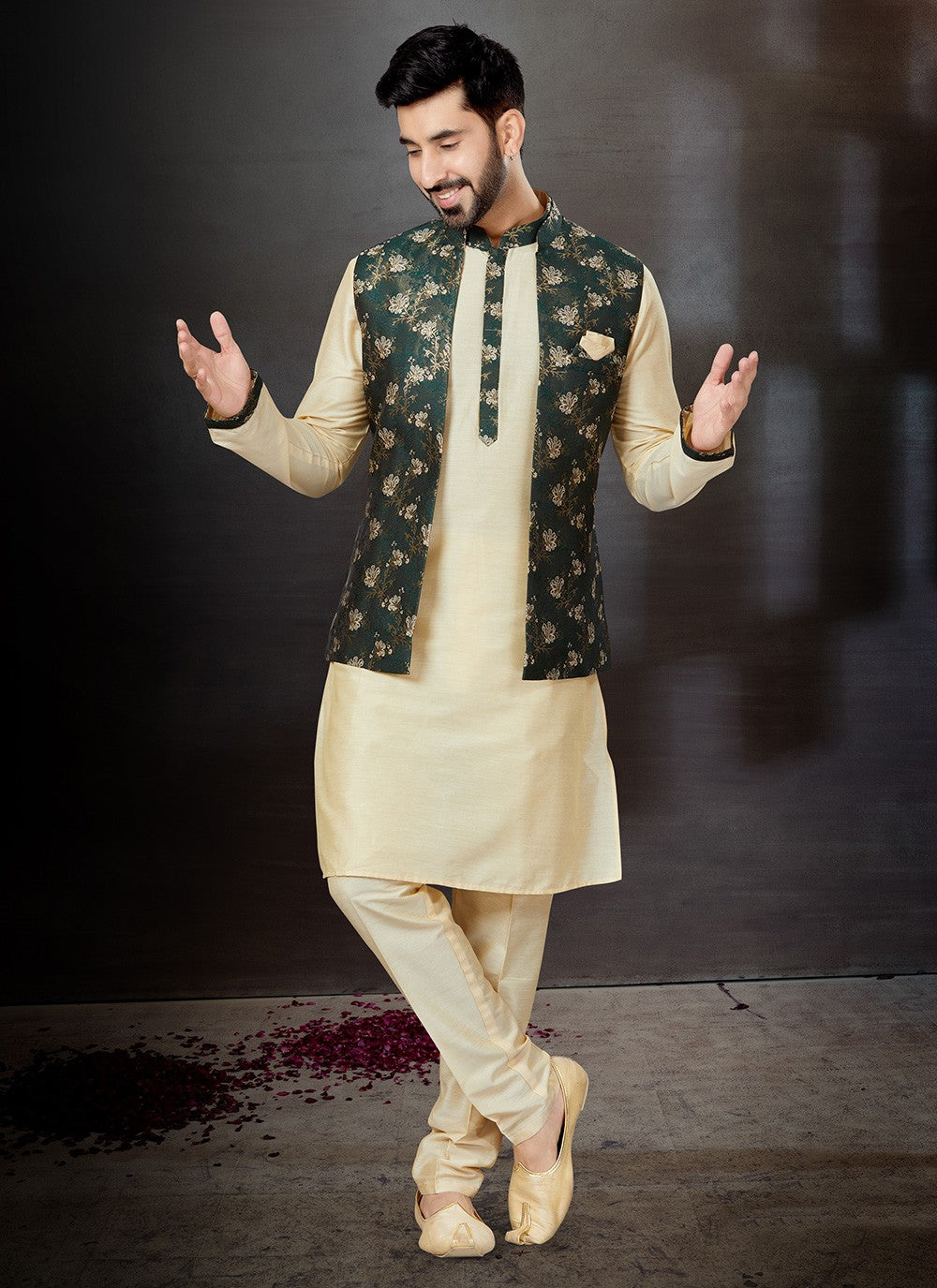 Embroidered Dupion Silk, Jacquard Cream, Green Kurta Payjama With Jacket - M4774