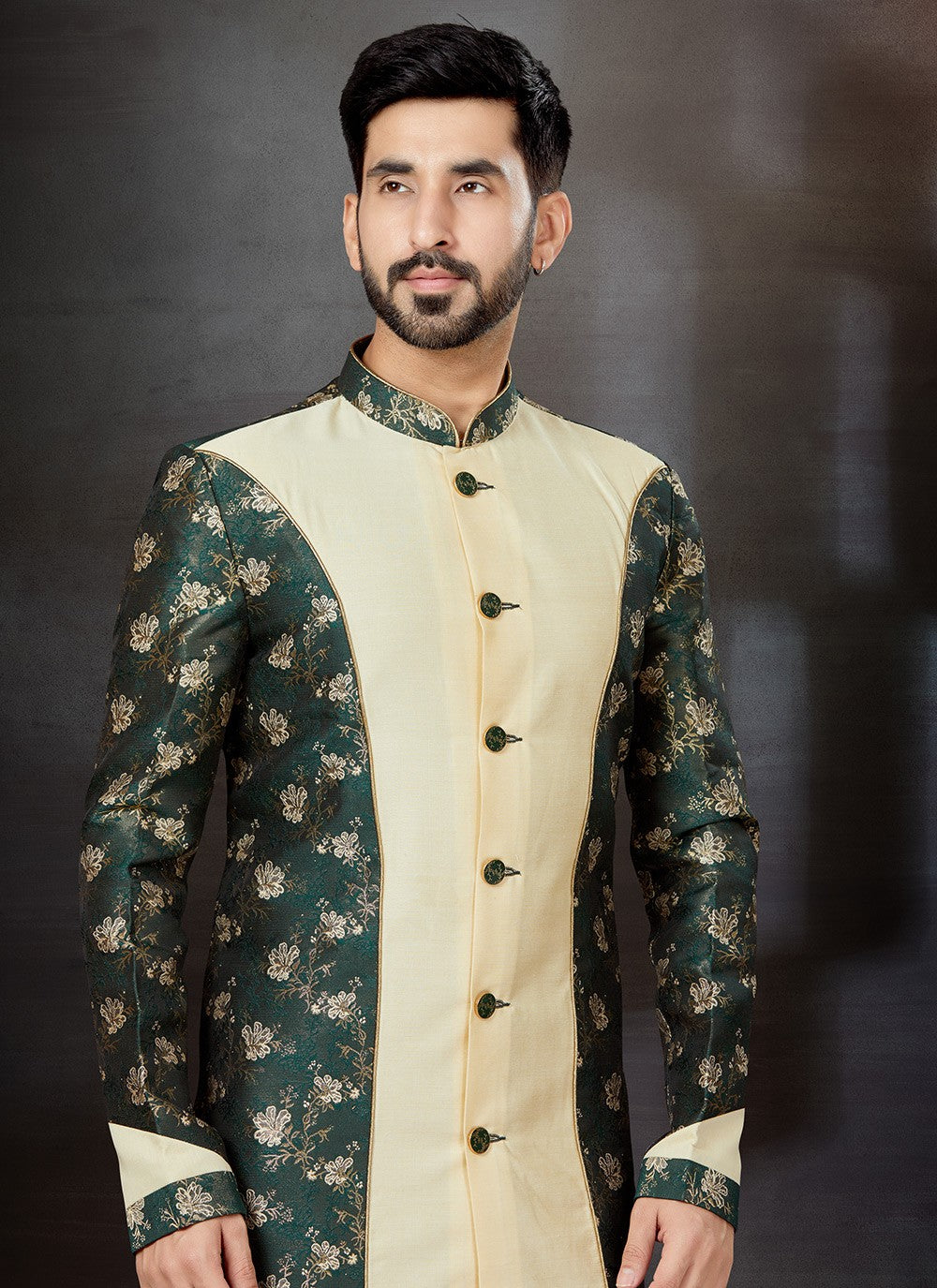 Embroidered Banarasi Jacquard, Dupion Silk Cream, Green Indo Western Sherwani - M4809