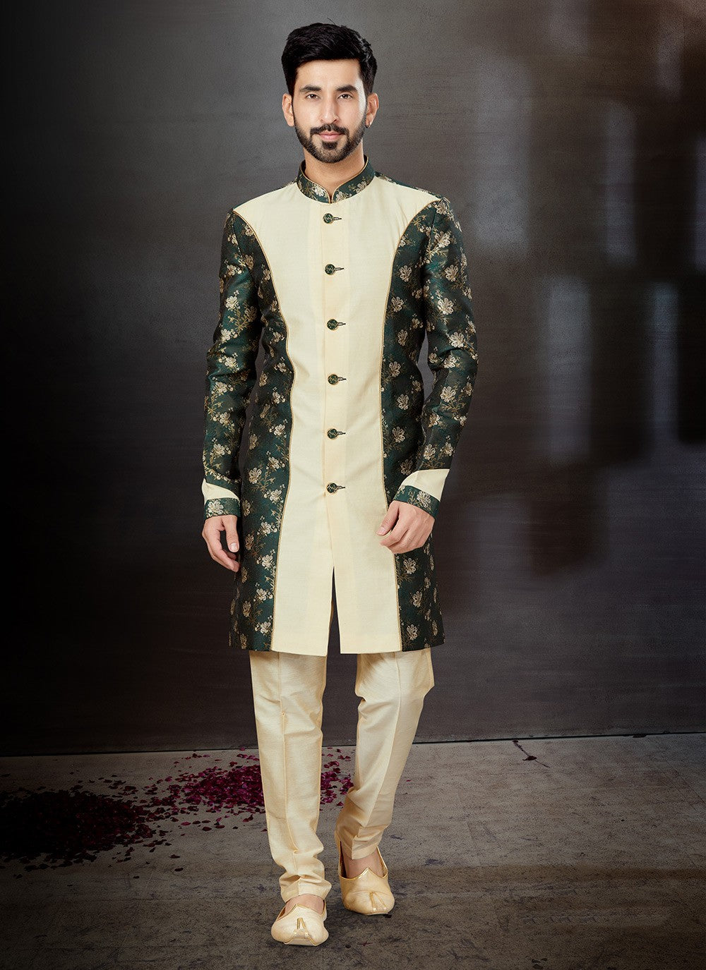 Embroidered Banarasi Jacquard, Dupion Silk Cream, Green Indo Western Sherwani - M4809