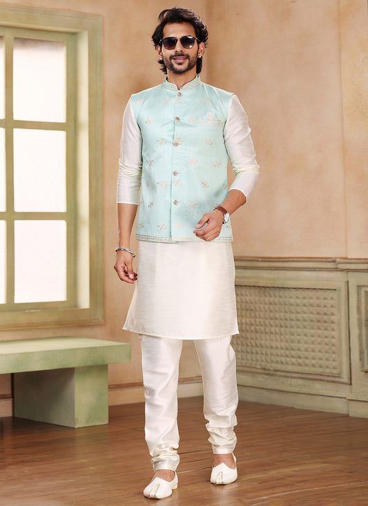 Embroidered Banarasi Jacquard Cream, Green Kurta Payjama With Jacket - M5230