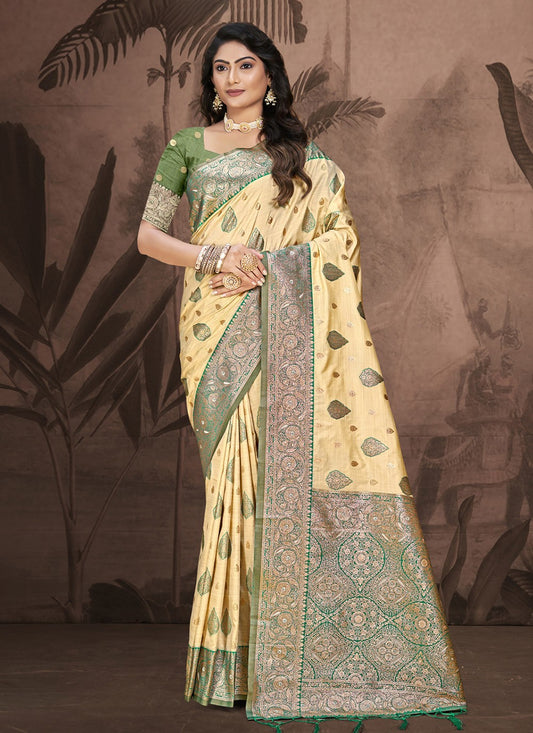 Contemporary Weaving Zari Silk Cream, Green Saree - S11119