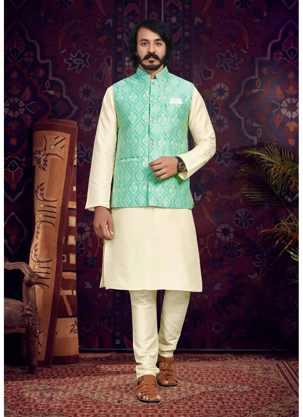 Fancy Work Art Silk, Jacquard Cream, Green Kurta Payjama With Jacket - M4017