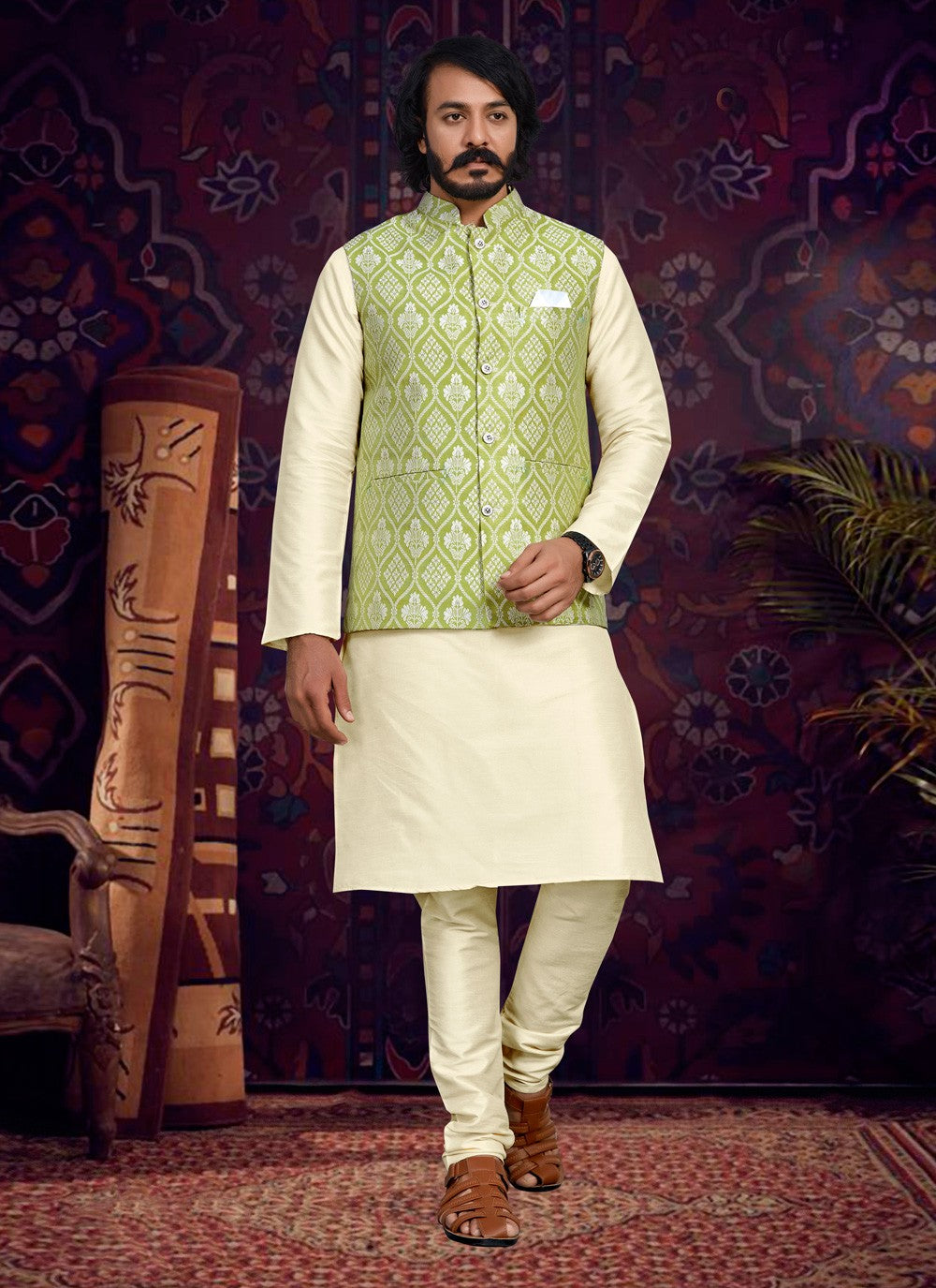 Fancy Work Art Silk, Jacquard Cream, Green Kurta Payjama With Jacket - M4013