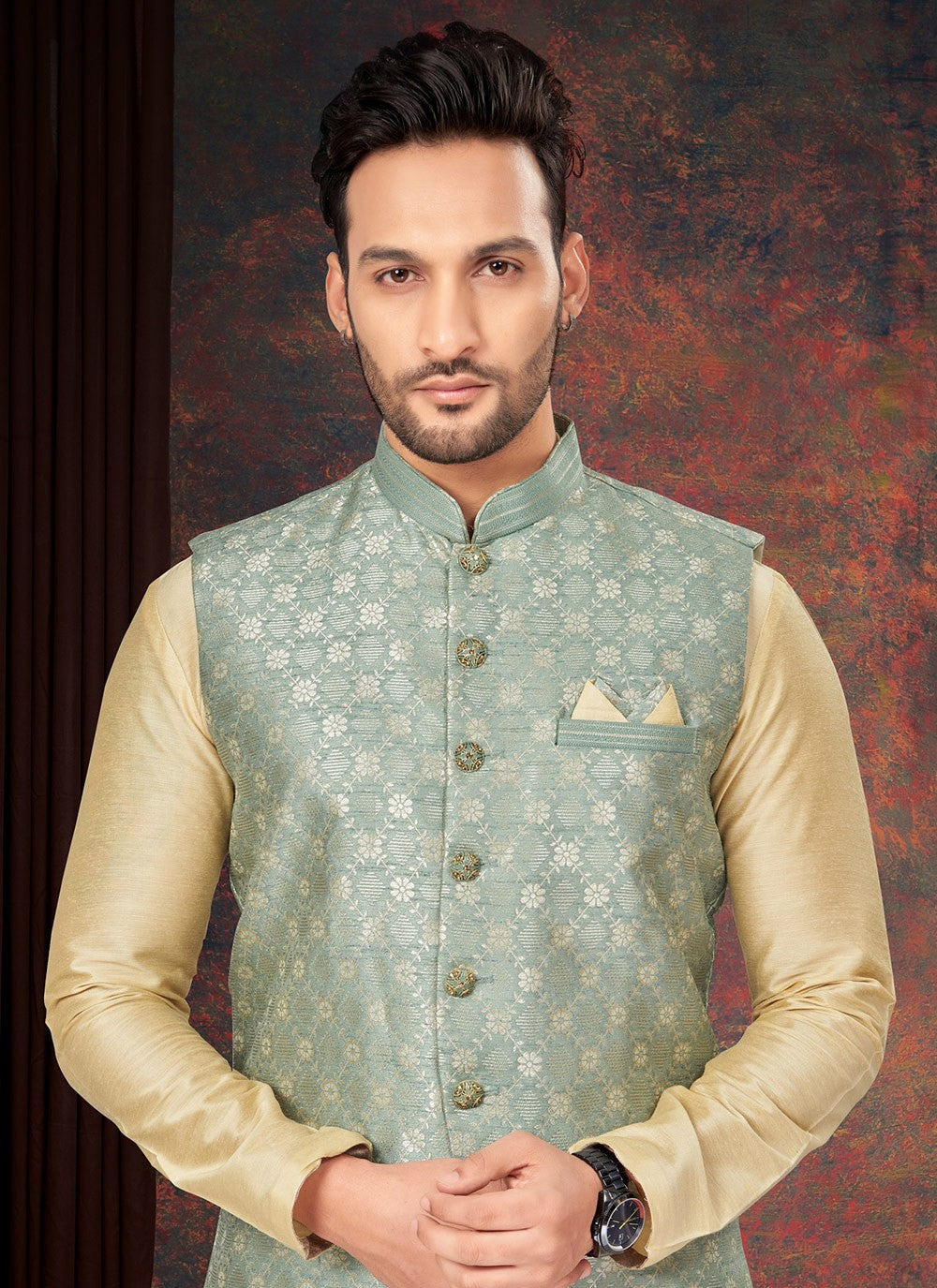 Fancy Work Jacquard Cream, Green Kurta Payjama With Jacket - M7184