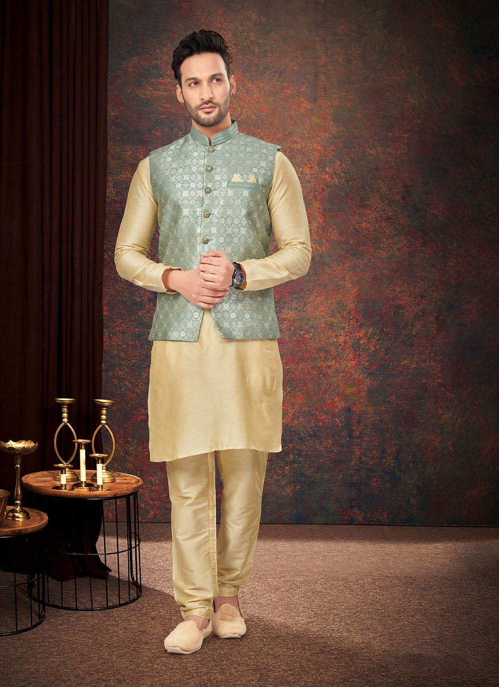 Fancy Work Jacquard Cream, Green Kurta Payjama With Jacket - M7184