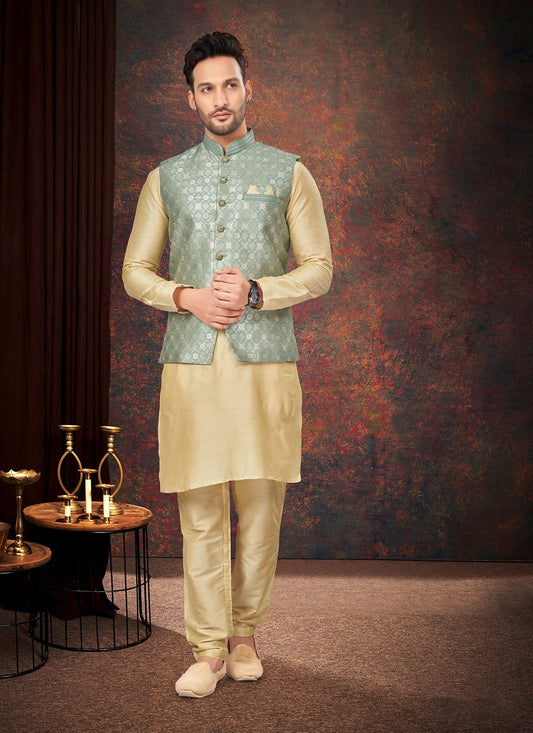 Fancy Work Jacquard Cream, Green Kurta Payjama With Jacket - M7184