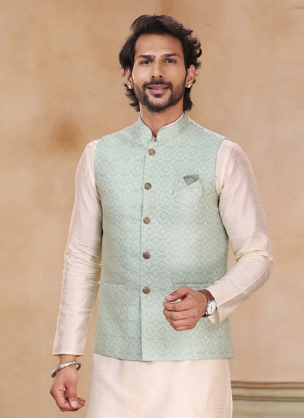 Fancy Work Jacquard Silk Cream, Green Kurta Payjama With Jacket - M5197