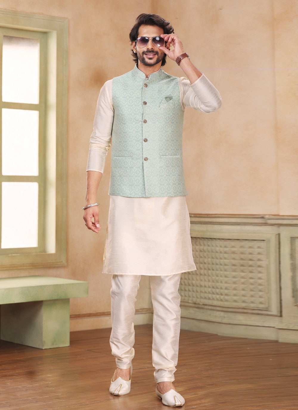 Fancy Work Jacquard Silk Cream, Green Kurta Payjama With Jacket - M5197