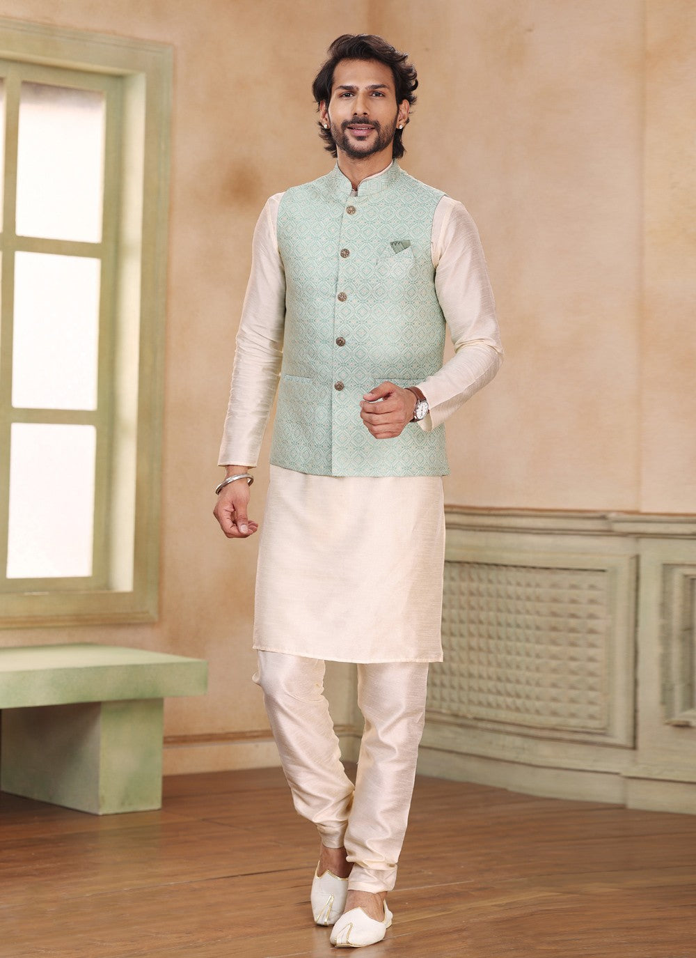 Fancy Work Jacquard Silk Cream, Green Kurta Payjama With Jacket - M5197