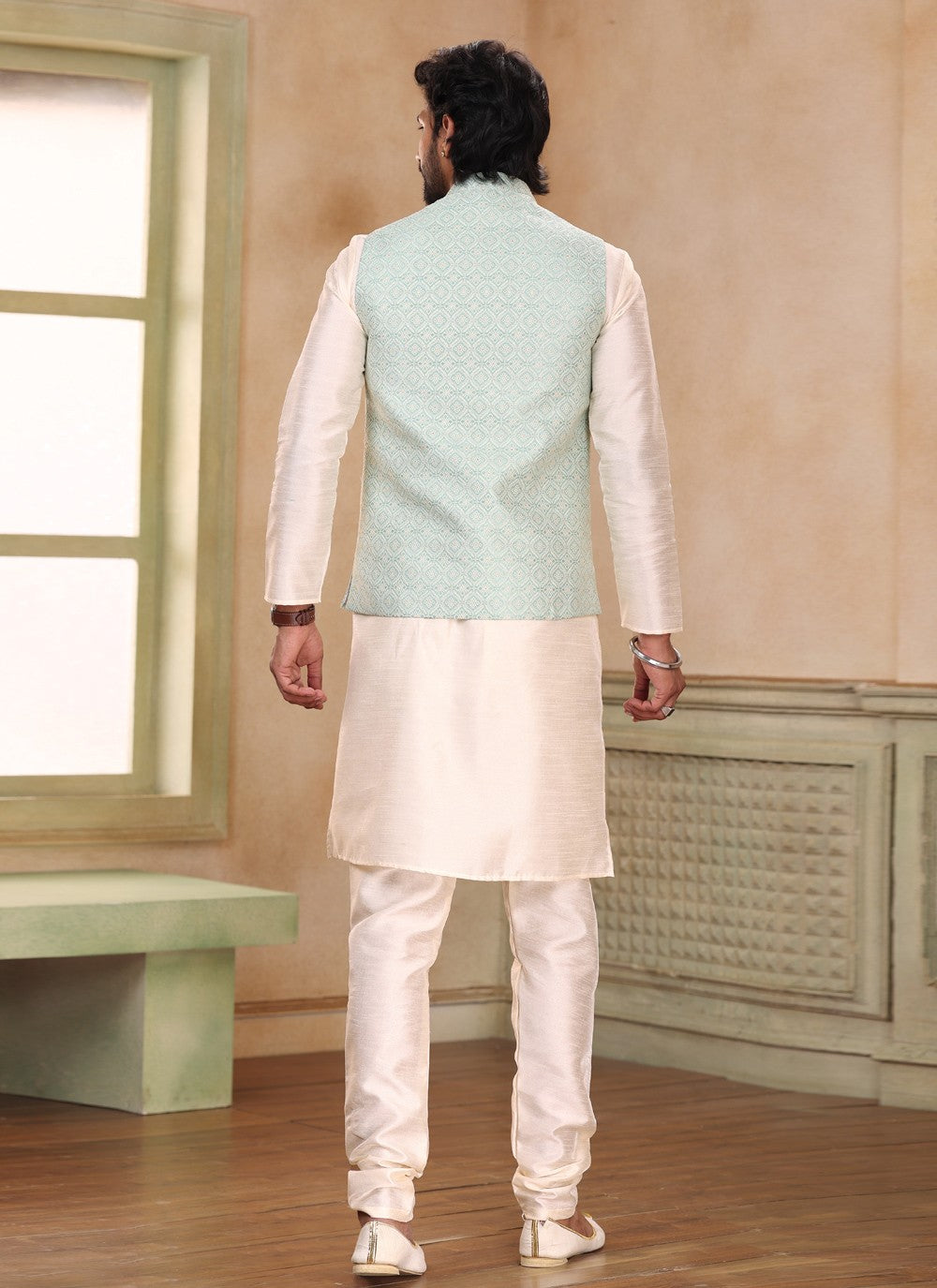 Fancy Work Jacquard Silk Cream, Green Kurta Payjama With Jacket - M5197