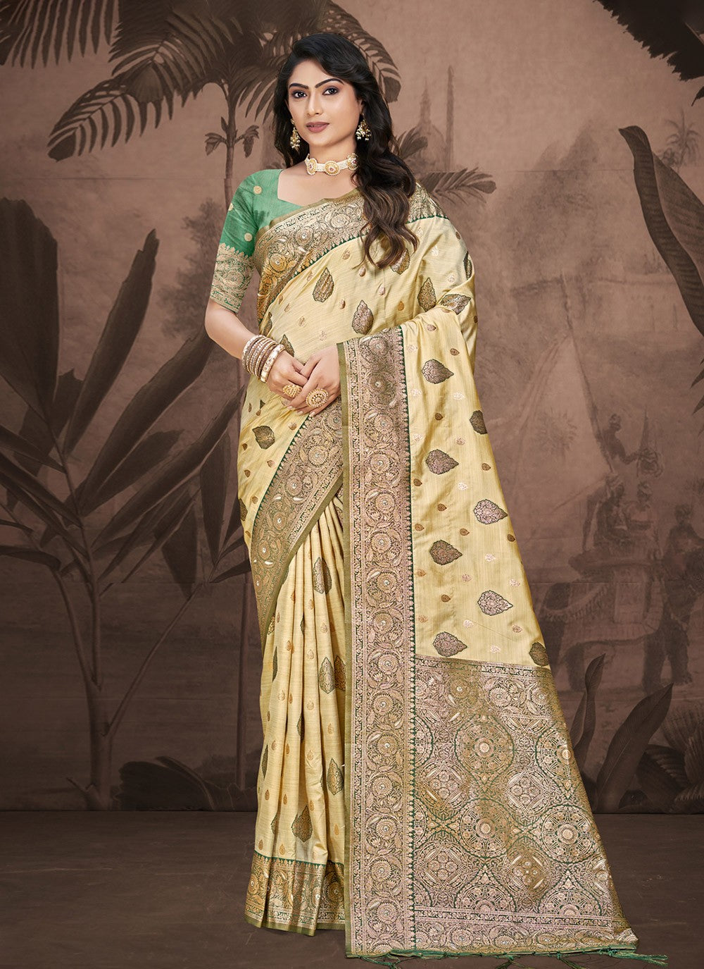 Contemporary Weaving Zari Silk Cream, Green Saree - S11119