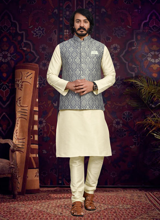 Fancy Work Art Silk, Jacquard Cream, Grey Kurta Payjama With Jacket - M4018