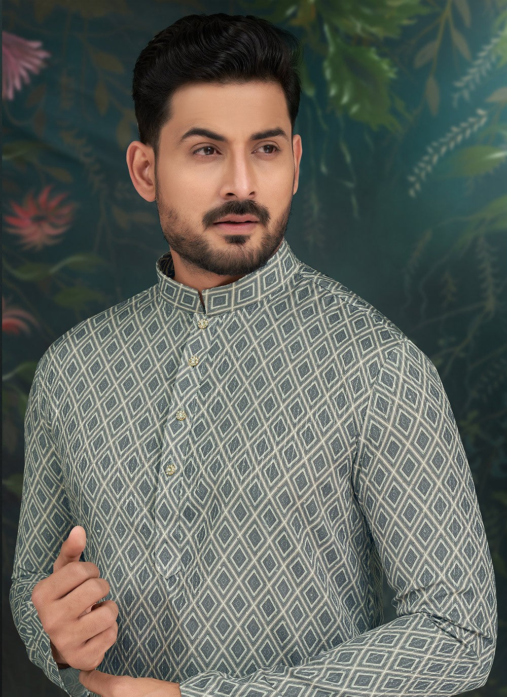 Embroidered Rayon Cream, Grey Kurta Pyjama - M6583