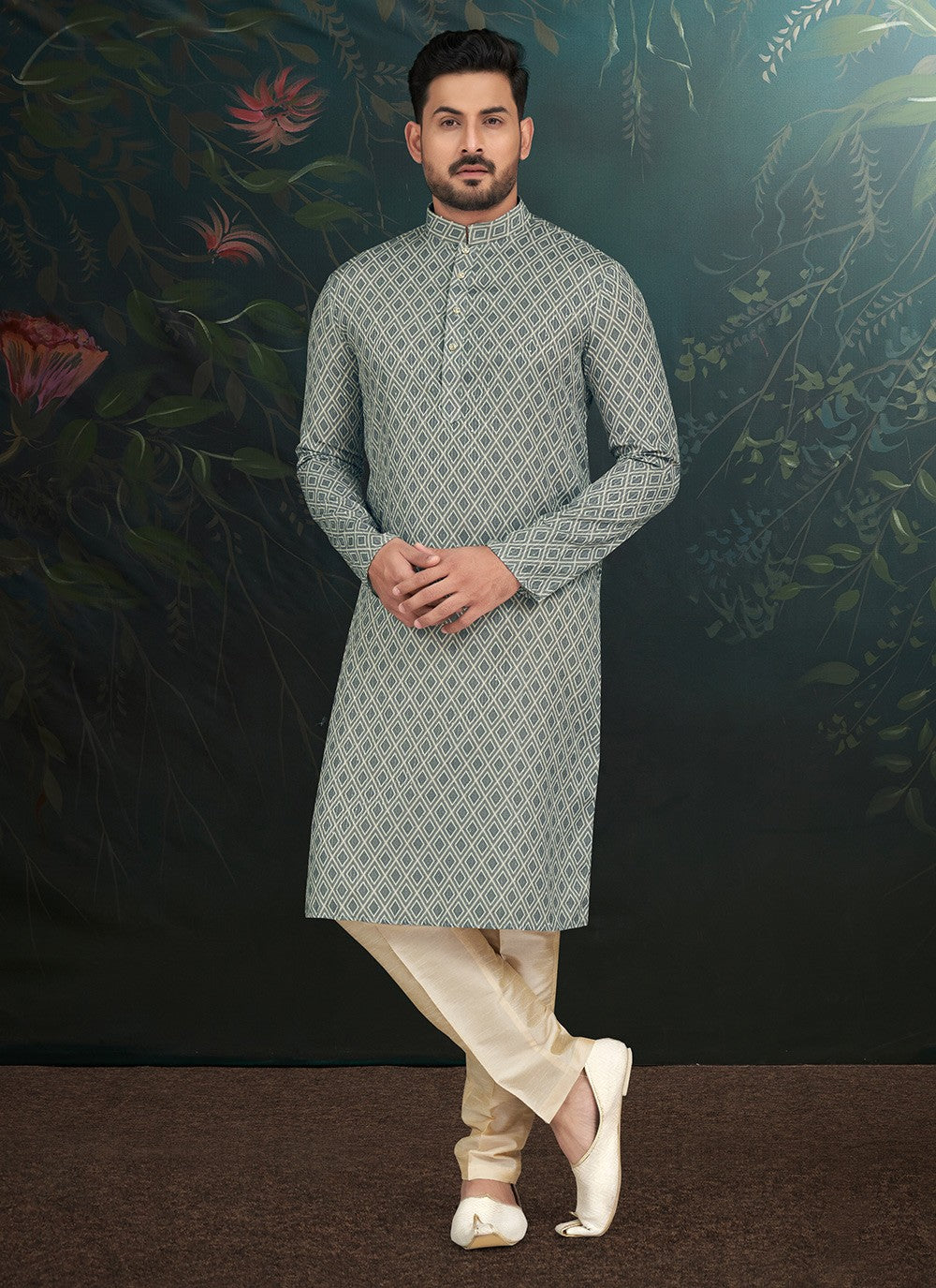 Embroidered Rayon Cream, Grey Kurta Pyjama - M6583