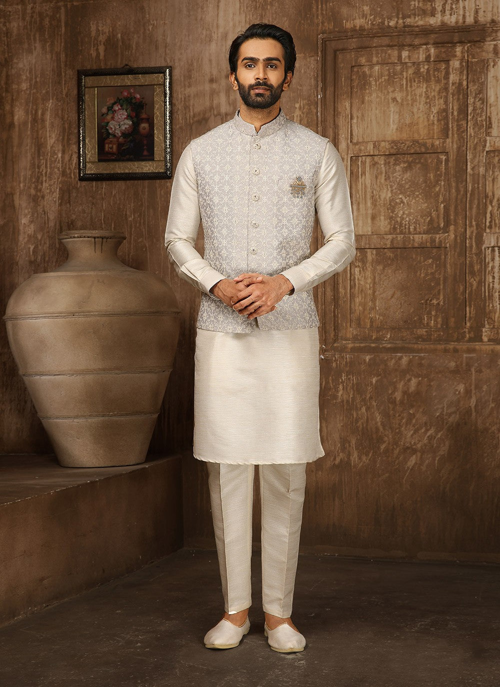 Embroidered Lucknowi Cream, Grey Kurta Payjama With Jacket - M4270