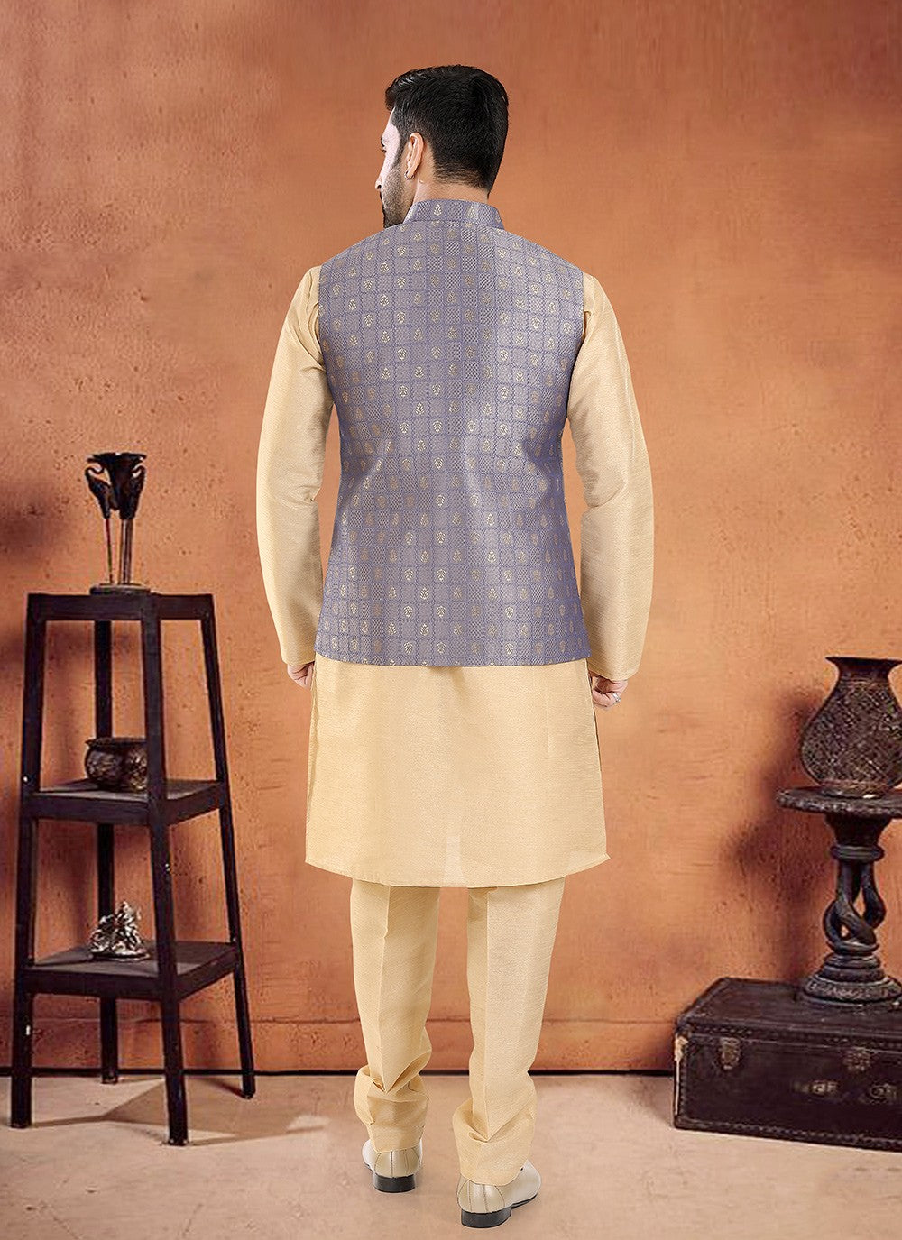 Embroidered Silk Cream, Grey Kurta Payjama With Jacket - M8127