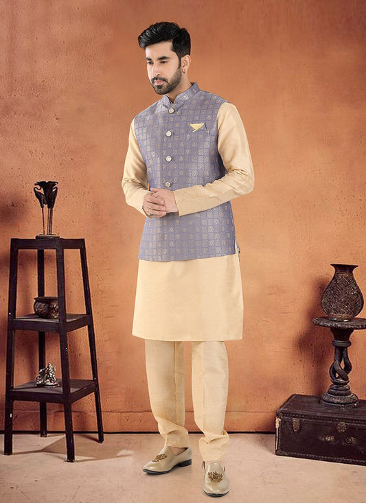 Embroidered Silk Cream, Grey Kurta Payjama With Jacket - M8127