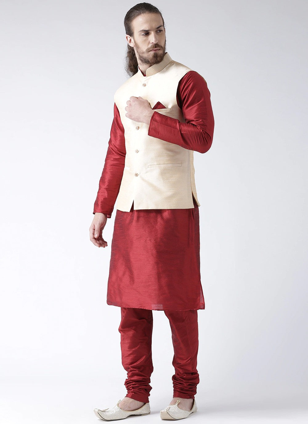 Plain Art Dupion Silk Cream, Maroon Kurta Payjama With Jacket - M2453