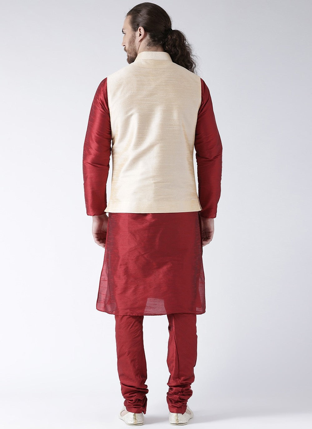 Plain Art Dupion Silk Cream, Maroon Kurta Payjama With Jacket - M2453