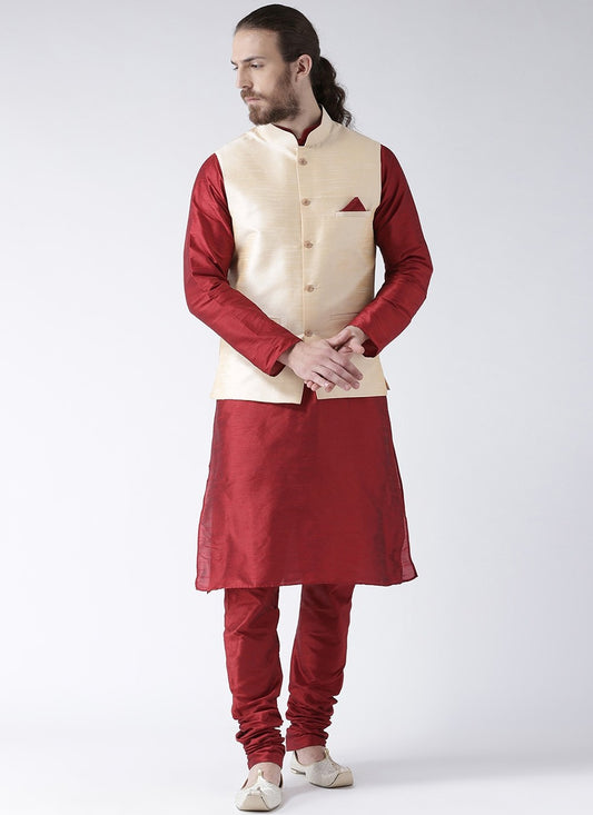 Plain Art Dupion Silk Cream, Maroon Kurta Payjama With Jacket - M2453