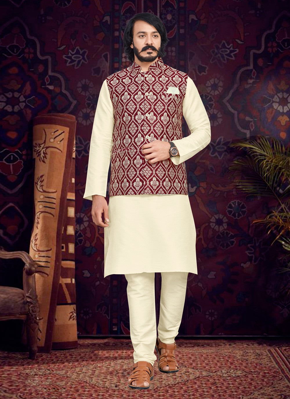 Fancy Work Art Silk, Jacquard Cream, Maroon Kurta Payjama With Jacket - M4019