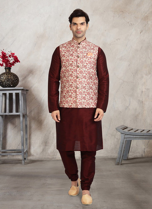 Printed Banarasi Silk Cream, Maroon Kurta Payjama With Jacket - M2717