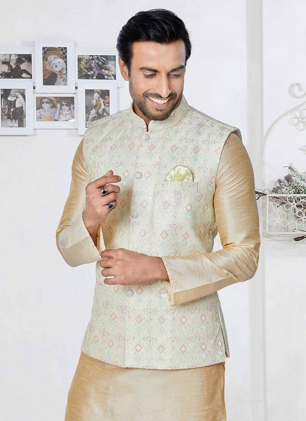 Fancy Work Banarasi Silk Cream, Multi Colour Kurta Payjama With Jacket - M5335