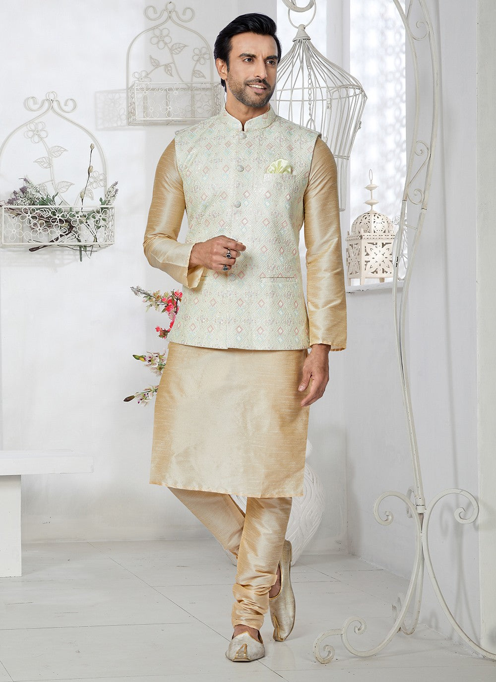 Fancy Work Banarasi Silk Cream, Multi Colour Kurta Payjama With Jacket - M5335