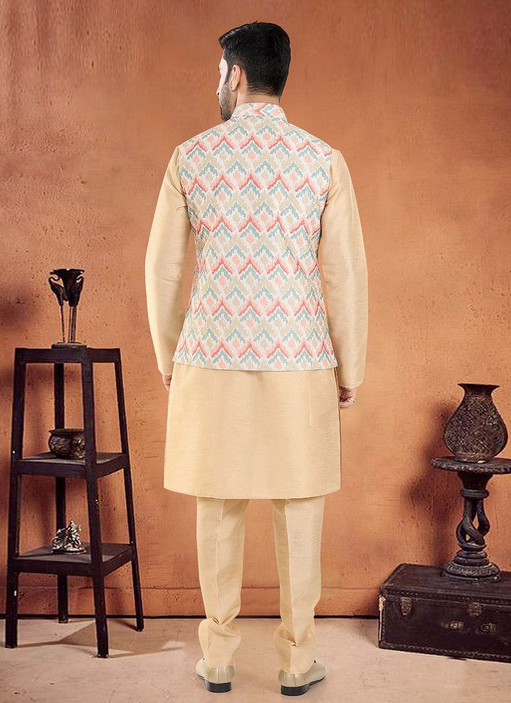 Embroidered Silk Cream, Multi Colour Kurta Payjama With Jacket - M8132