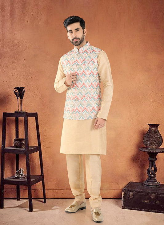 Embroidered Silk Cream, Multi Colour Kurta Payjama With Jacket - M8132