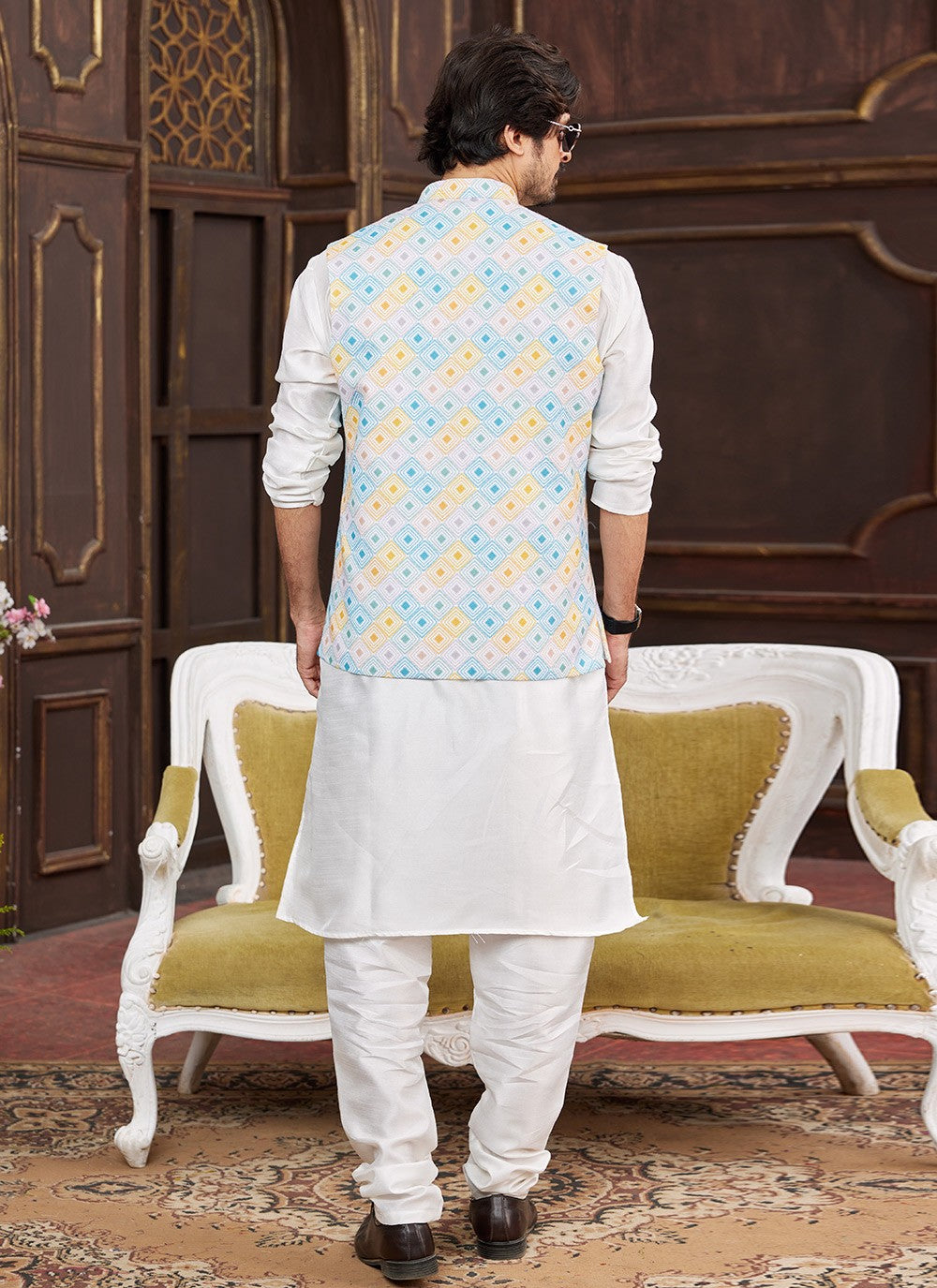 Digital Print Art Silk Cream, Multi Colour Kurta Payjama With Jacket - M8723