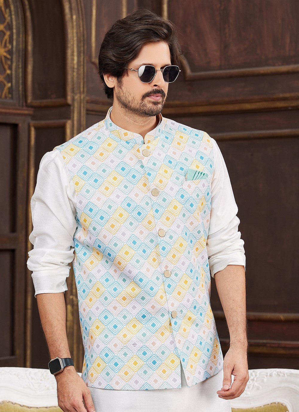 Digital Print Art Silk Cream, Multi Colour Kurta Payjama With Jacket - M8723