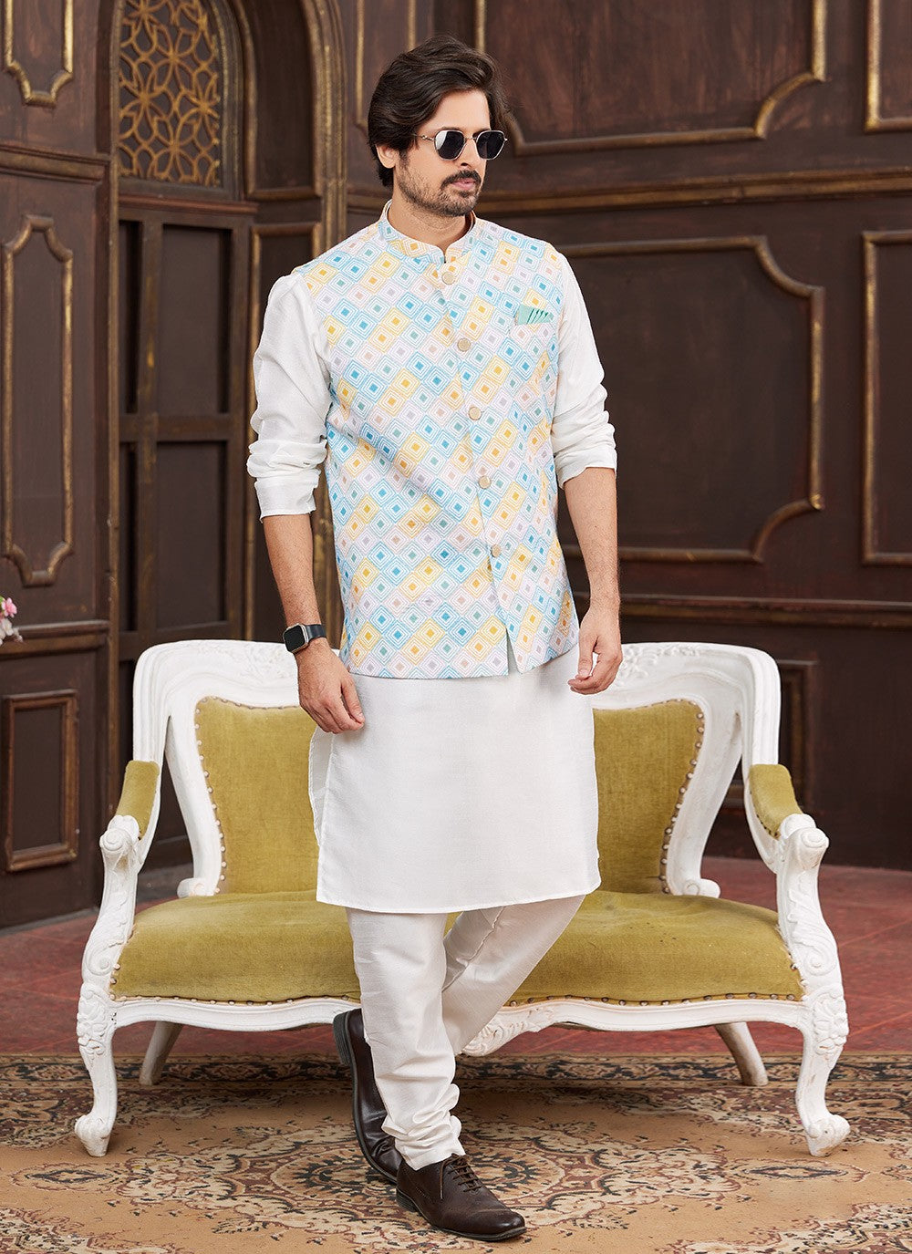 Digital Print Art Silk Cream, Multi Colour Kurta Payjama With Jacket - M8723