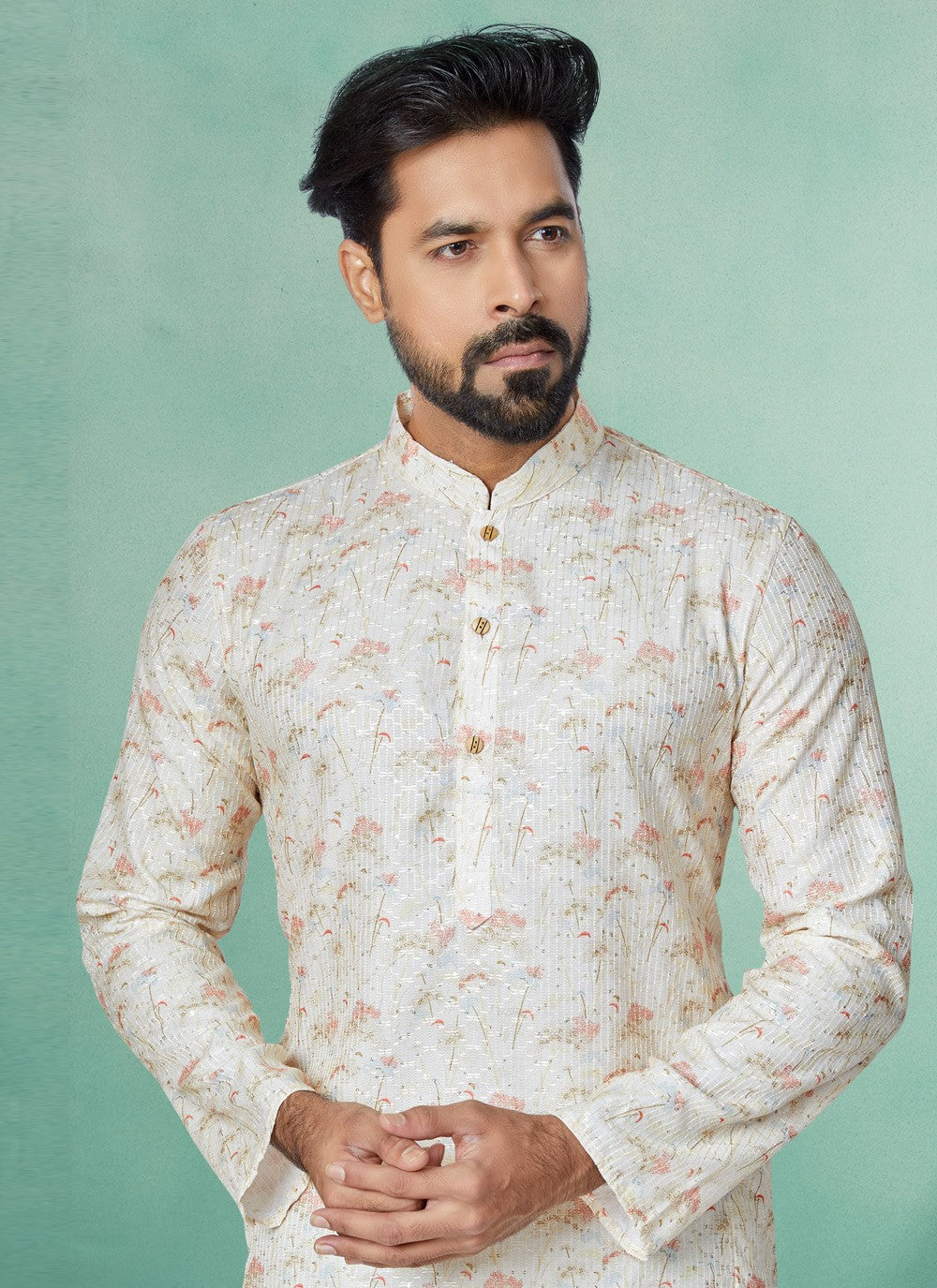 Digital Print Fancy Fabric Cream, Multi Colour Kurta Pyjama - M5080