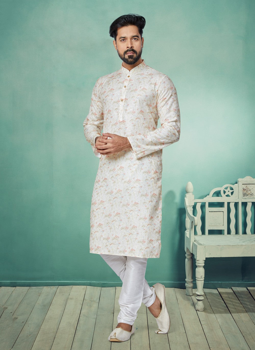 Digital Print Fancy Fabric Cream, Multi Colour Kurta Pyjama - M5080