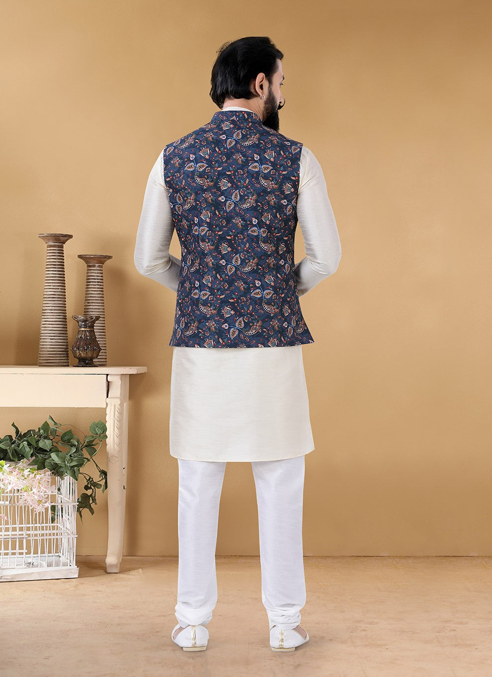 Printed Cotton , Silk Cream, Multi Colour Kurta Payjama With Jacket - M3138