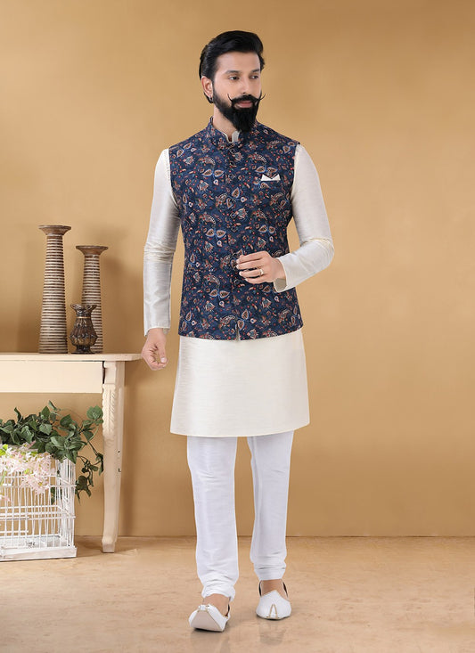 Printed Cotton , Silk Cream, Multi Colour Kurta Payjama With Jacket - M3138