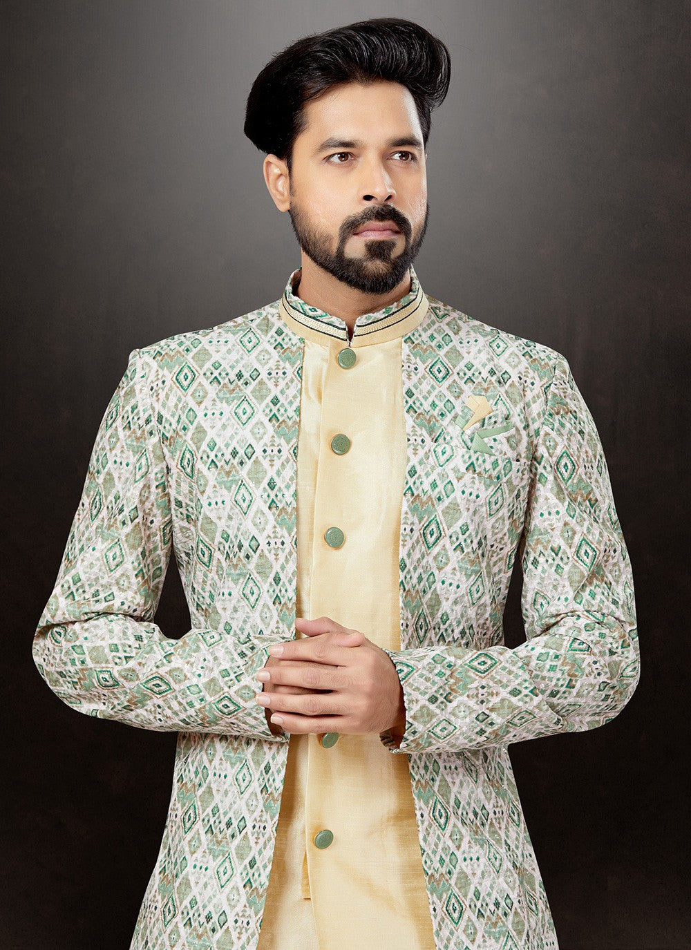 Embroidered Dupion Silk, Jacquard Cream, Multi Colour Indo Western Sherwani - M4793