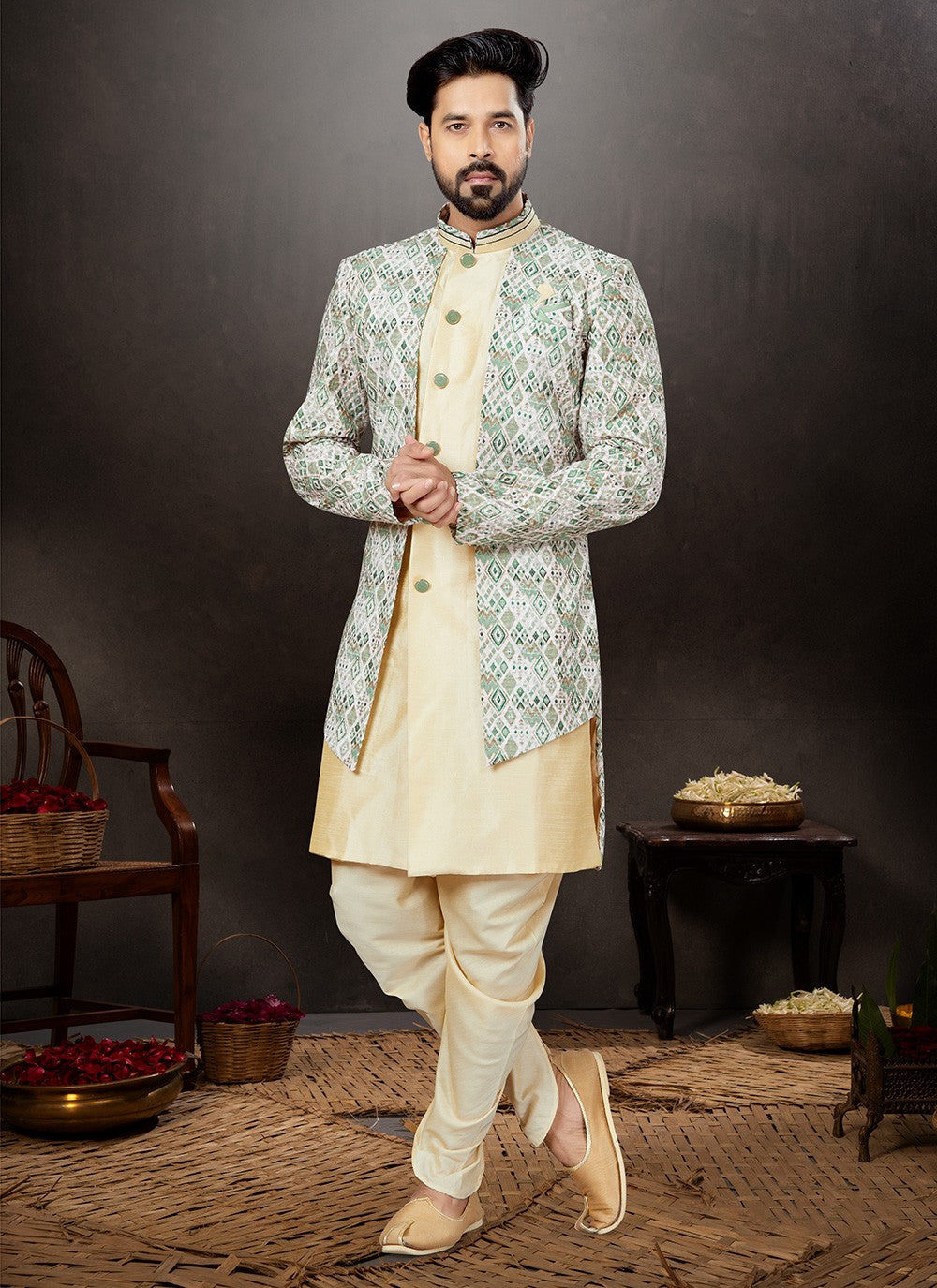 Embroidered Dupion Silk, Jacquard Cream, Multi Colour Indo Western Sherwani - M4793