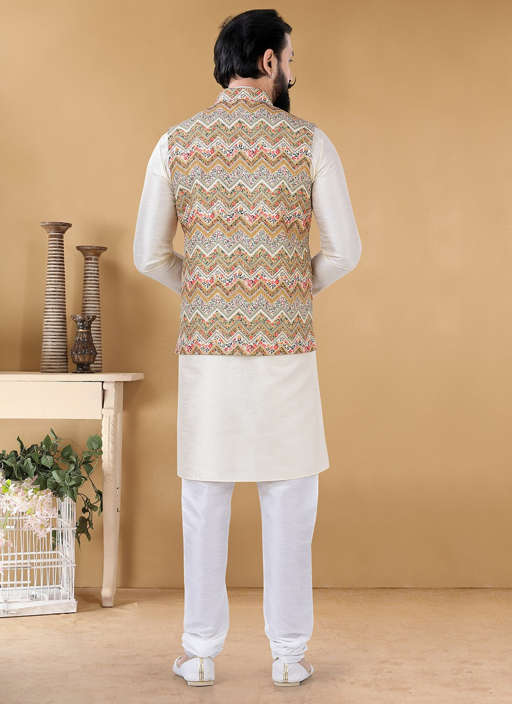 Printed Cotton Cream, Multi Colour Kurta Payjama With Jacket - M3140