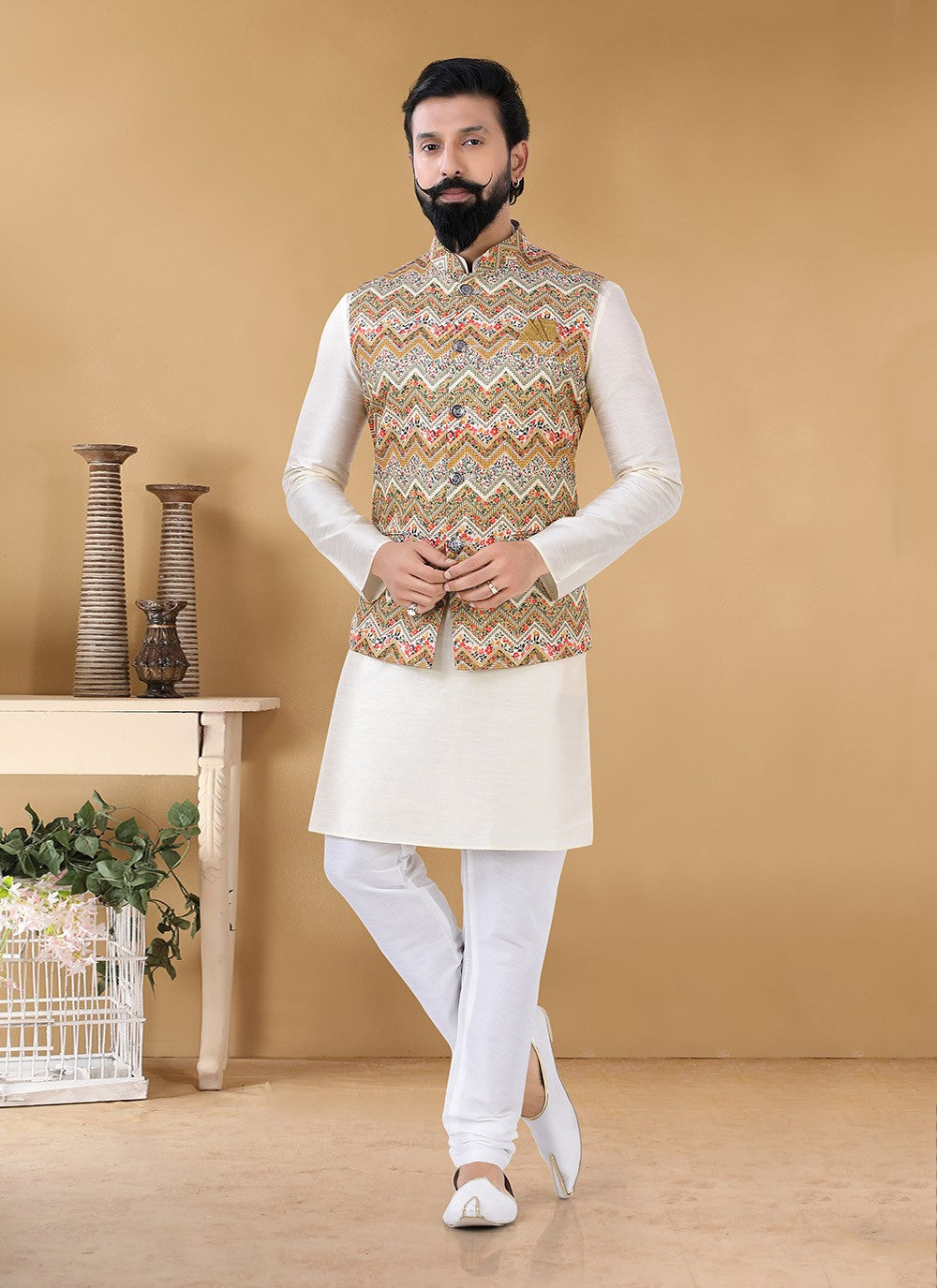 Printed Cotton Cream, Multi Colour Kurta Payjama With Jacket - M3140