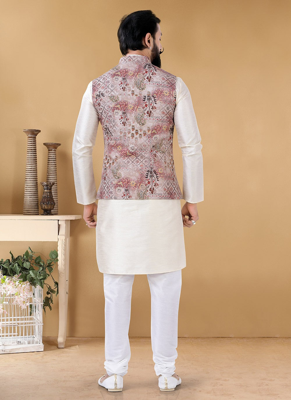 Printed Silk Cream, Multi Colour Kurta Payjama With Jacket - M3136