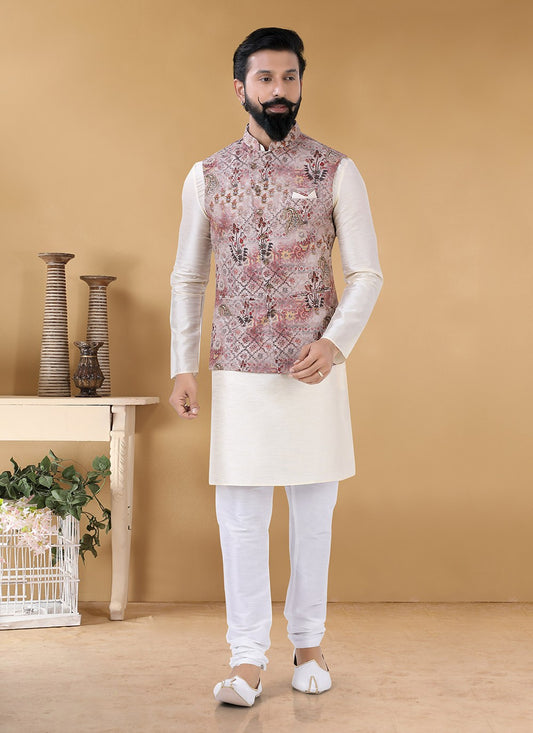 Printed Silk Cream, Multi Colour Kurta Payjama With Jacket - M3136