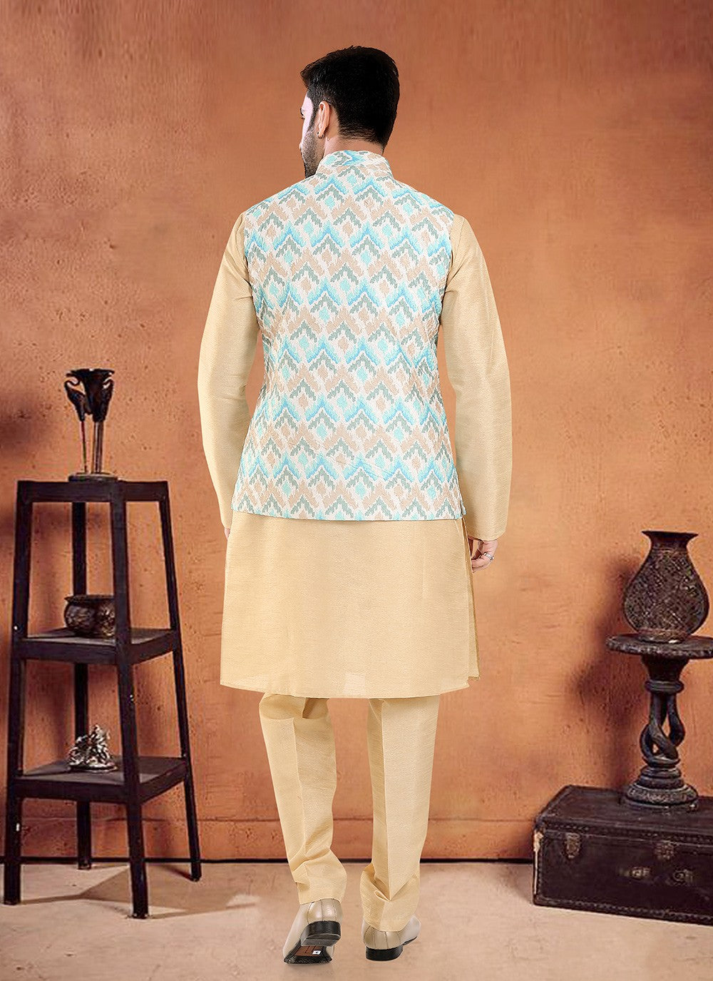 Embroidered Silk Cream, Multi Colour Kurta Payjama With Jacket - M8134