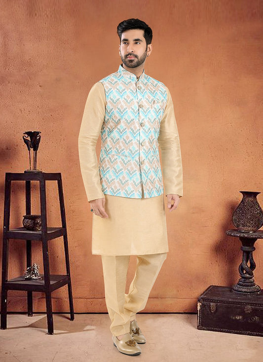 Embroidered Silk Cream, Multi Colour Kurta Payjama With Jacket - M8134