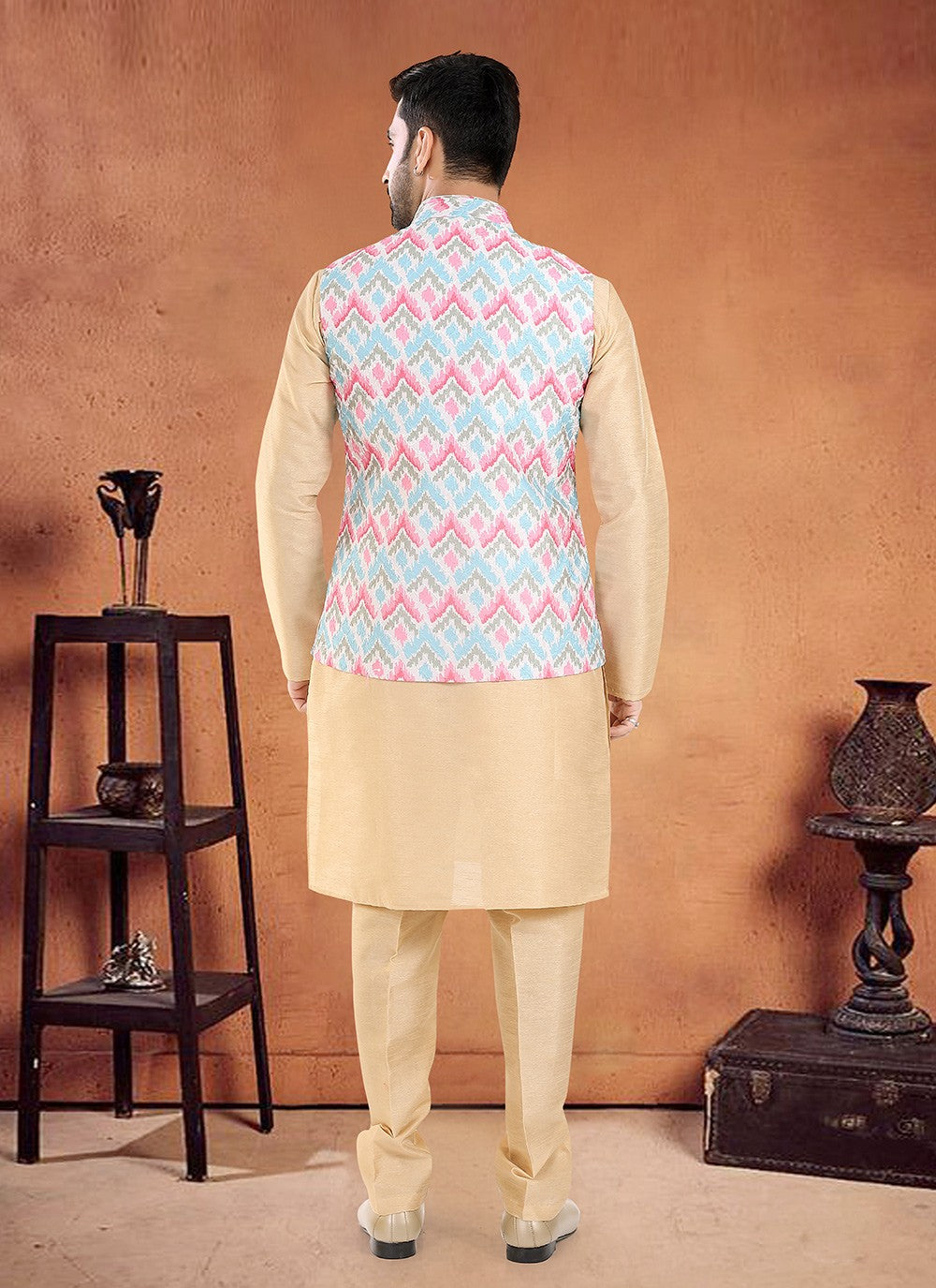 Embroidered Silk Cream, Multi Colour Kurta Payjama With Jacket - M8131