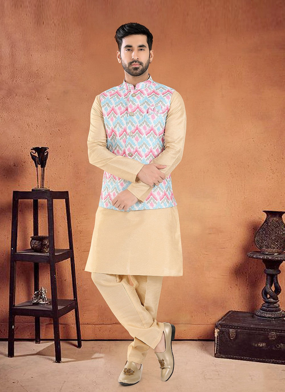 Embroidered Silk Cream, Multi Colour Kurta Payjama With Jacket - M8131