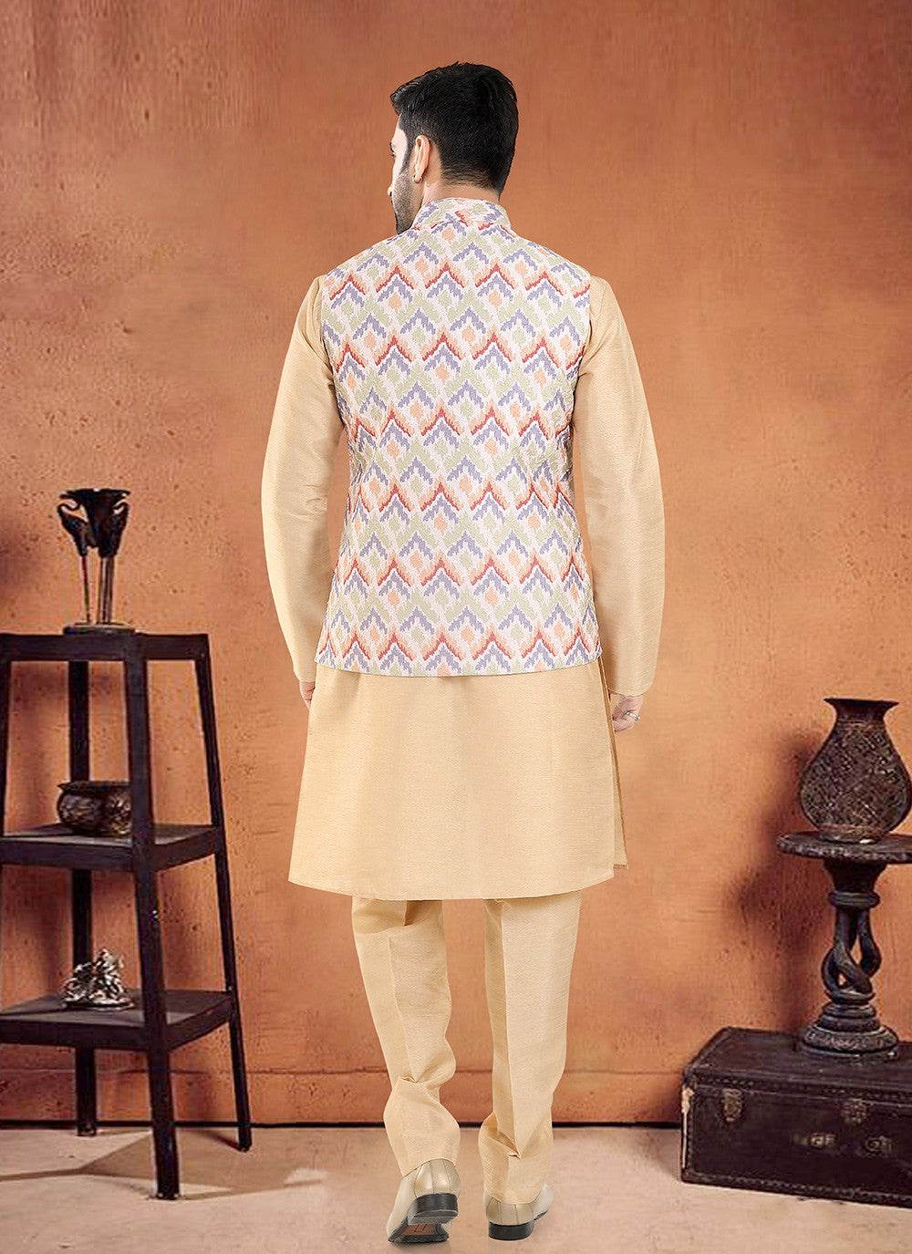 Embroidered Silk Cream, Multi Colour Kurta Payjama With Jacket - M8133